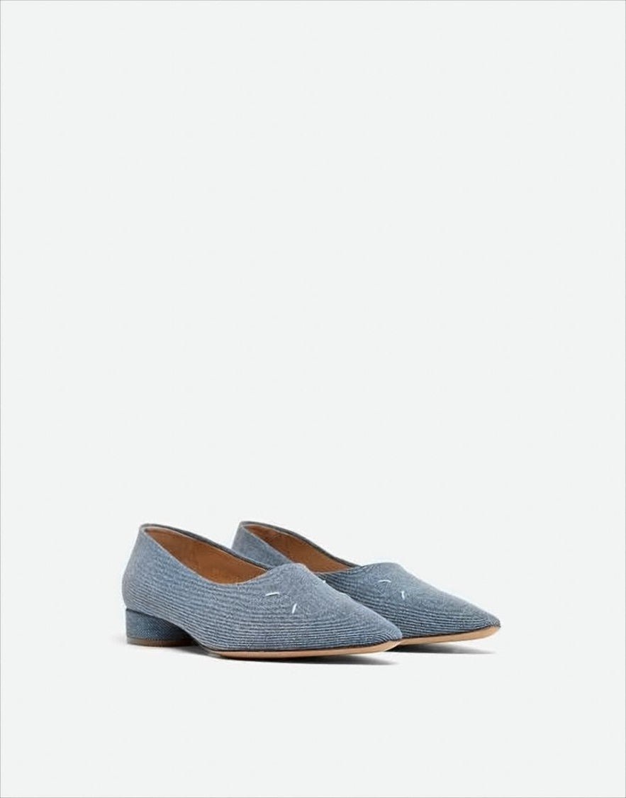 Textured Denim Pointed-Toe Pumps With Low Block Heel