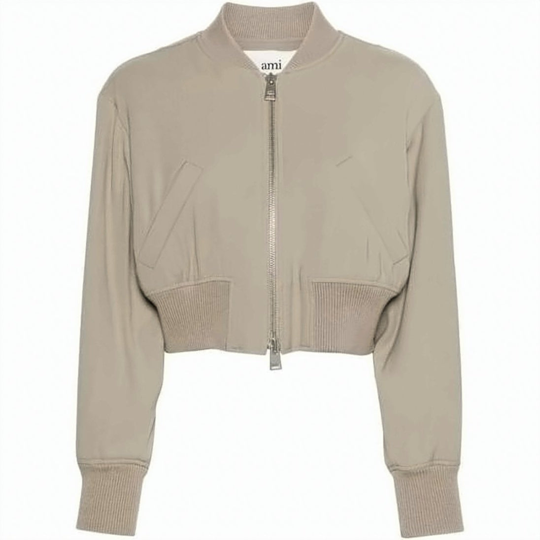 Cropped Bomber Jacket with Front Zipper Closure and Ribbed Details