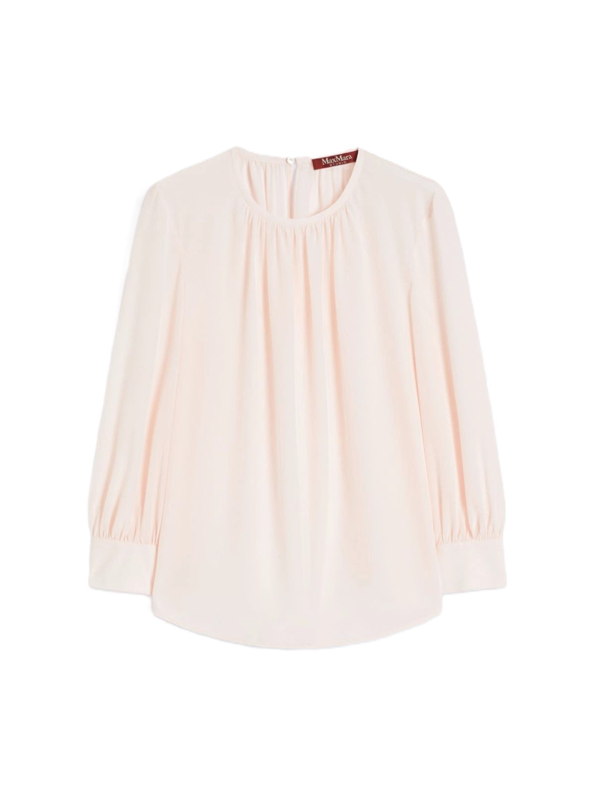 Blush-Tone Blouse with Gathered Neckline and Puff Sleeves