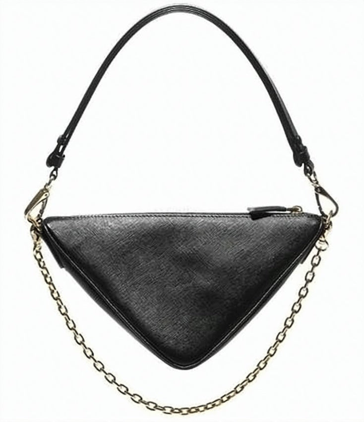 Triangular Black Leather Shoulder Bag with Detachable Chain Strap