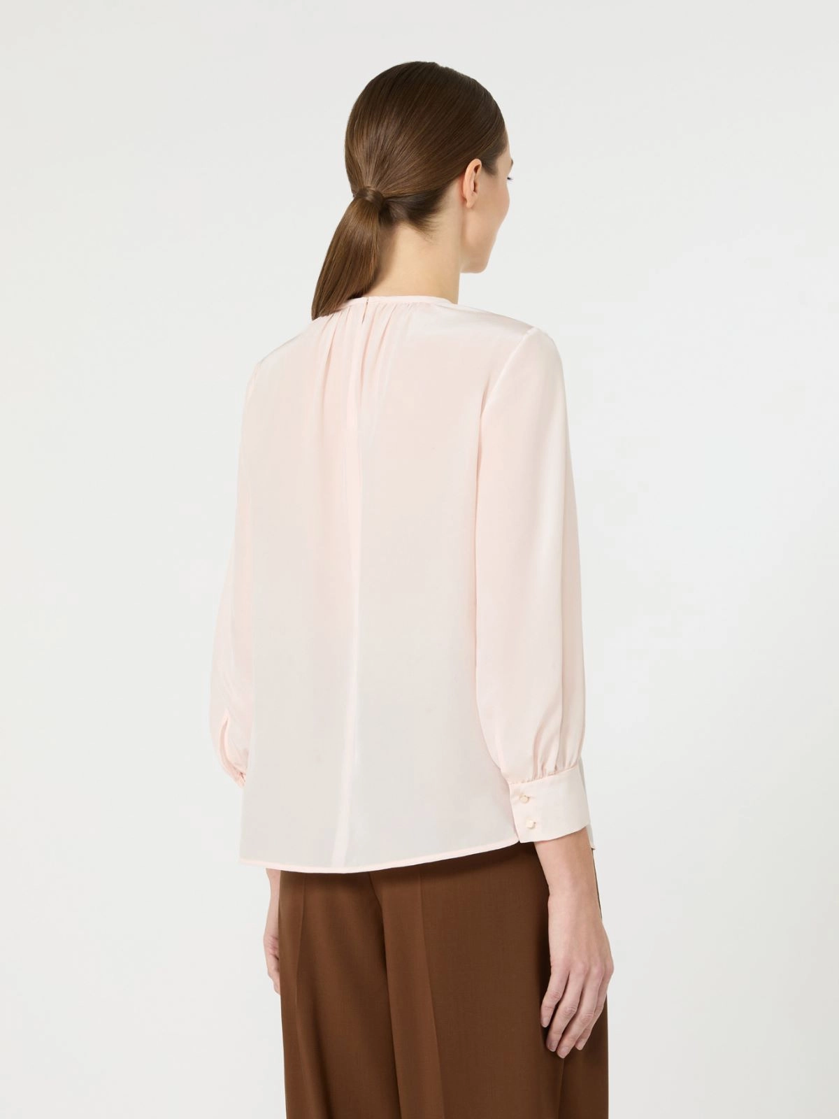 Blush-Tone Blouse with Gathered Neckline and Puff Sleeves