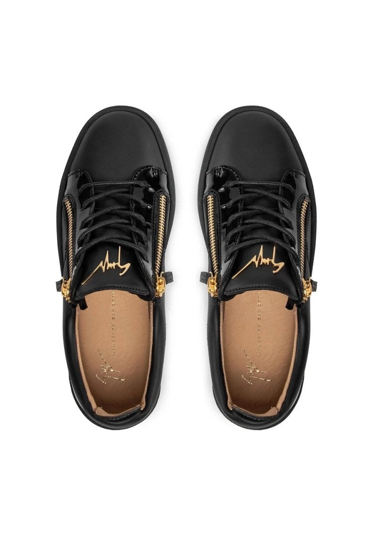 Black Leather Sneakers With Patent Accents
