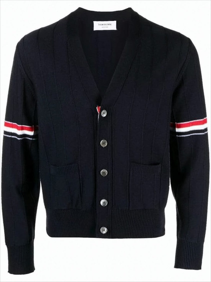 Classic V-Neck Cardigan with Striped Accents