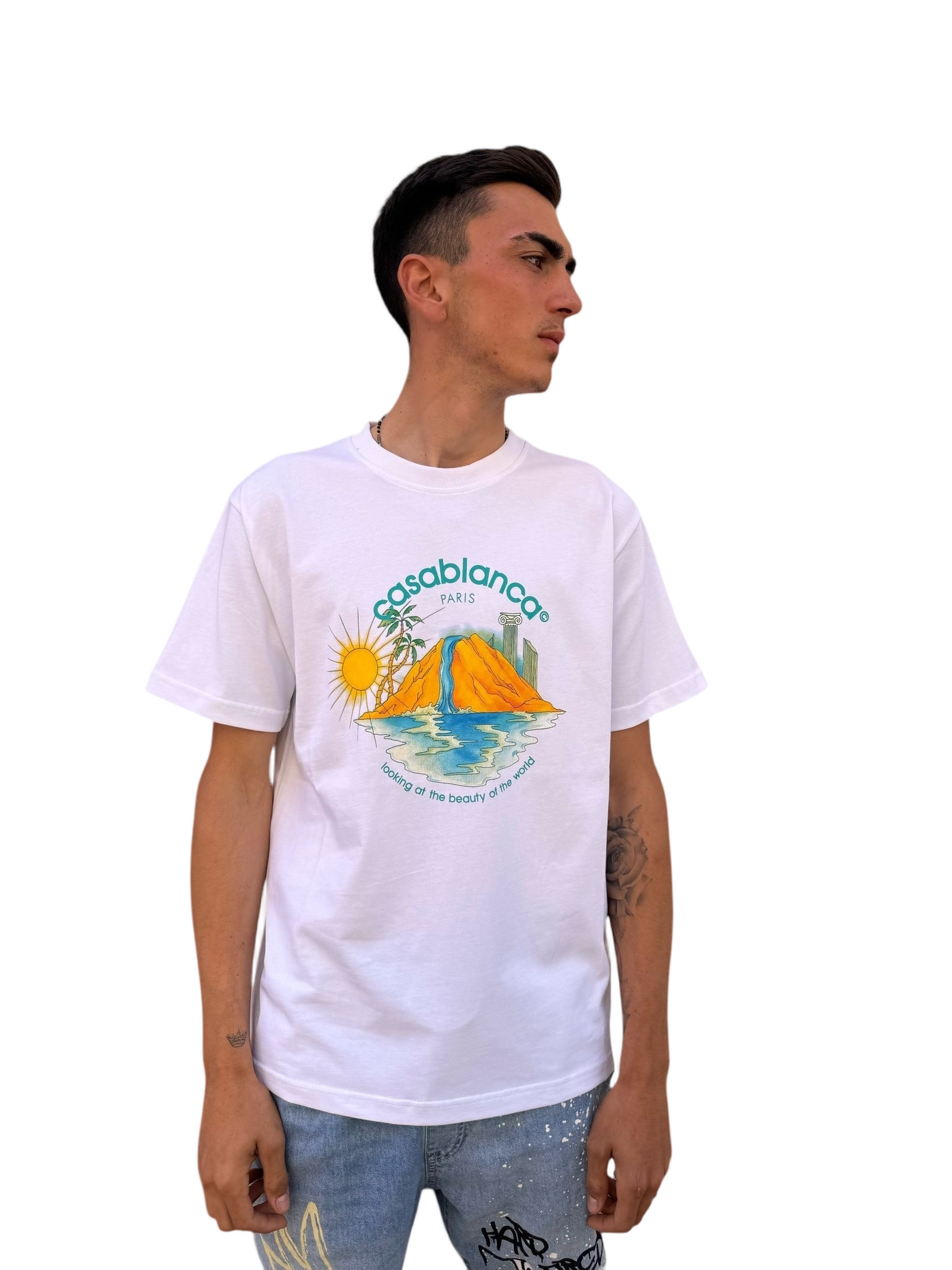Straight-Cut Printed T-Shirt with Landscape Design