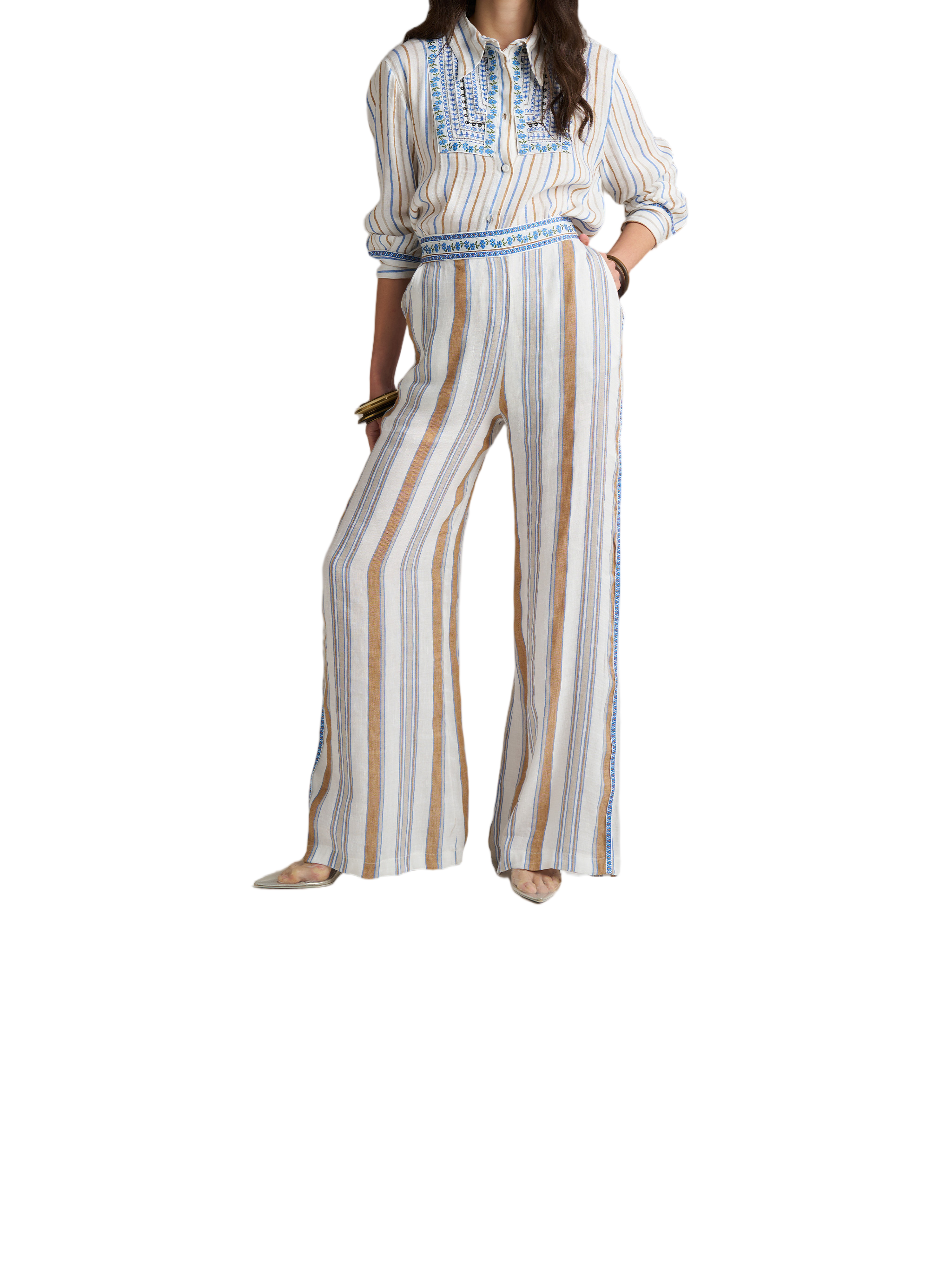 White Striped Embroidered Fabric Wide-Leg Pants