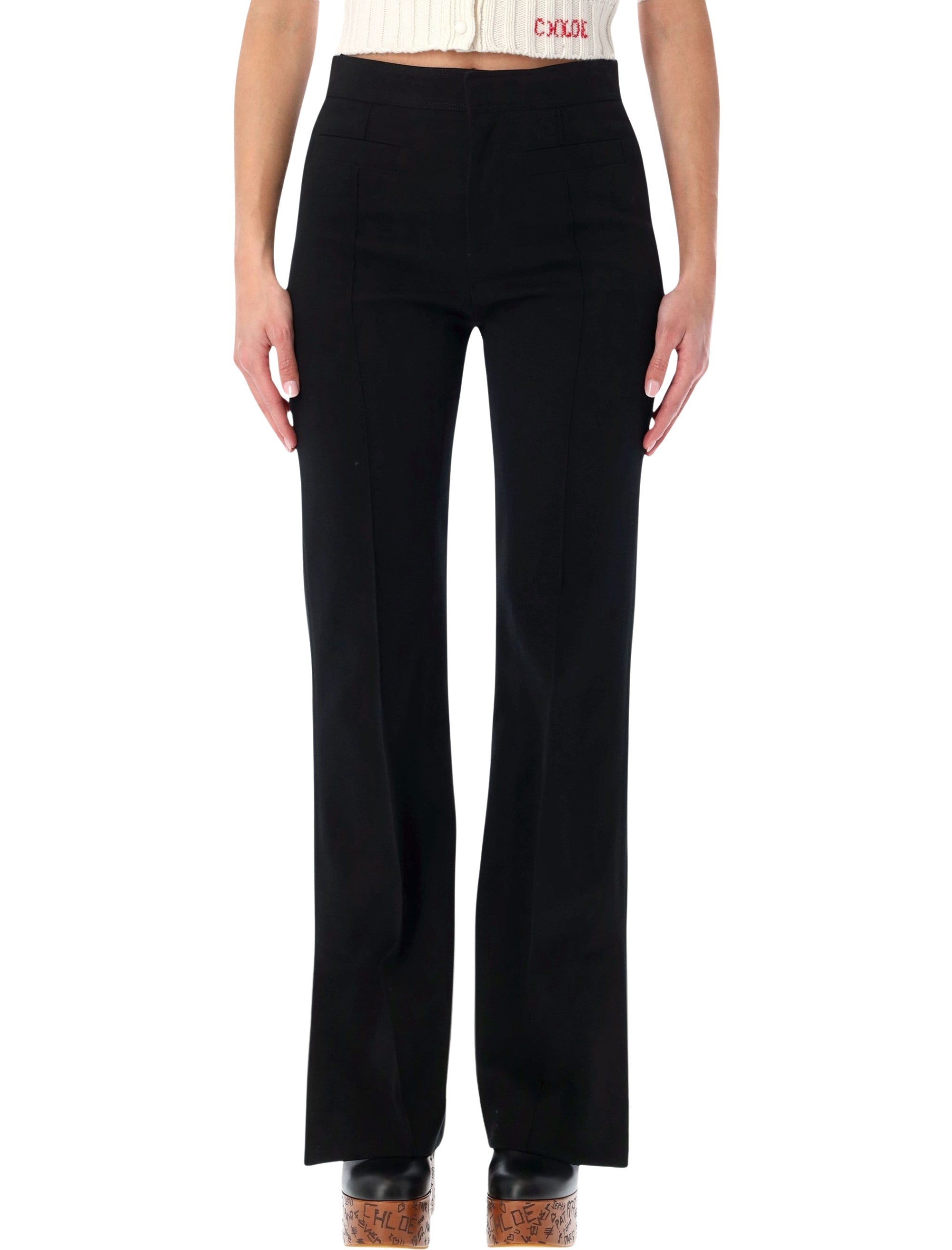 Chloé Black Herringbone Cotton Tailored Trousers