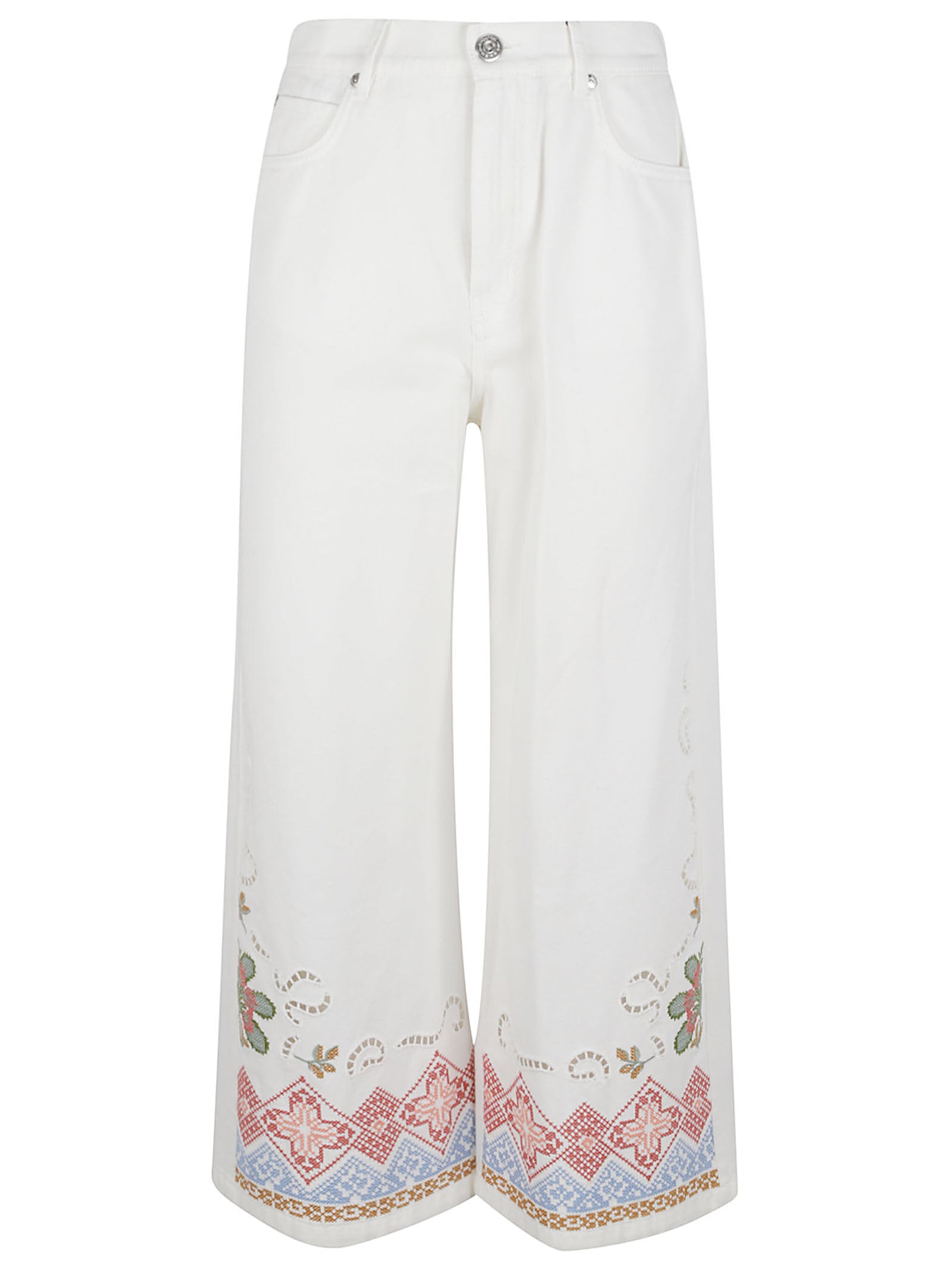 Five-Pocket Cropped Wide-Leg Trousers with Embroidered Hem
