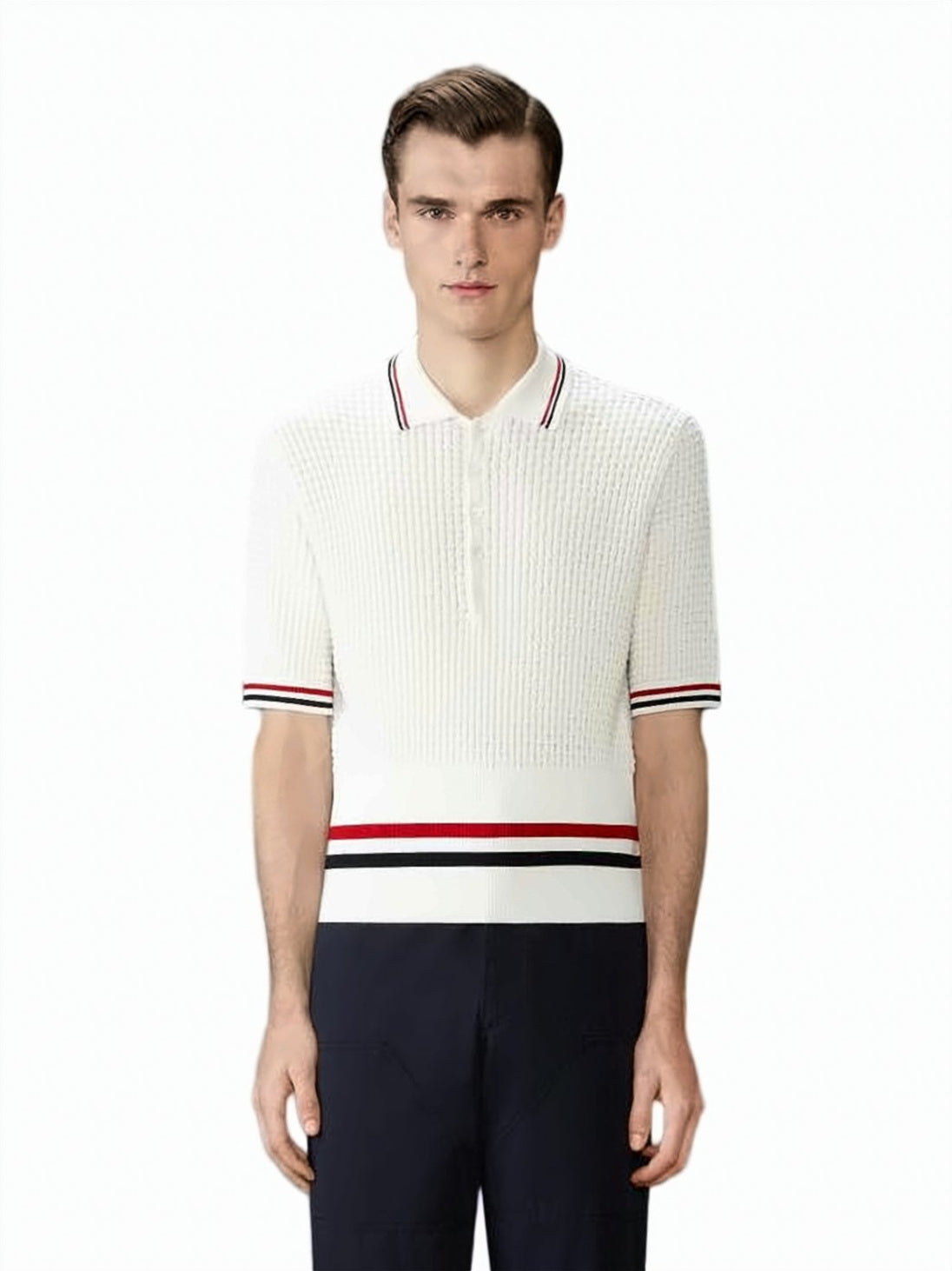 Textured Knit Polo Shirt With Rwb Stripes