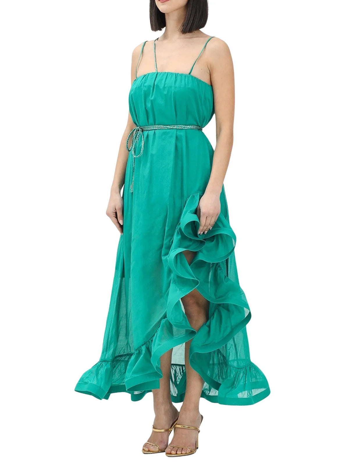 Green Cotton Gauzed Long Dress