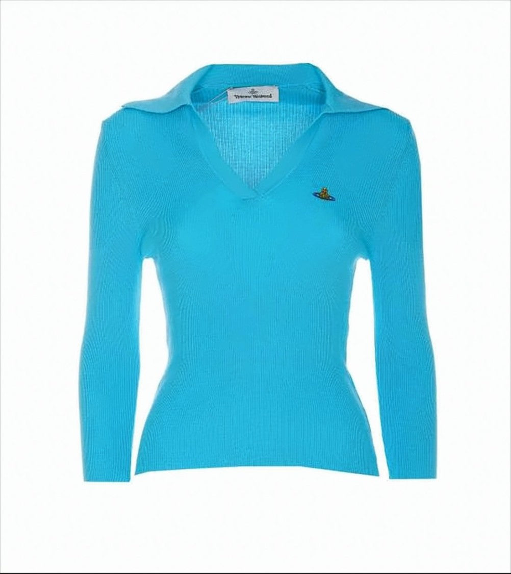 Fitted Ribbed Knit Sweater with V-Neckline