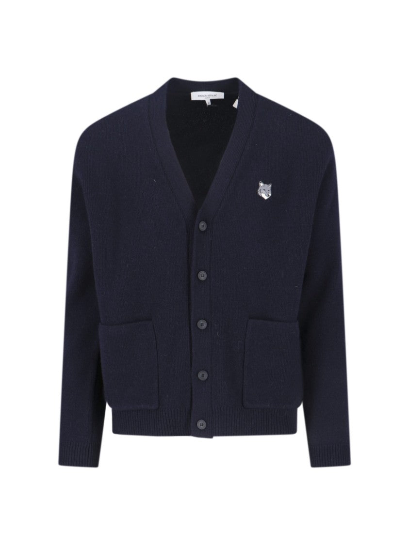 "Fox Head" Cardigan, In Blue Wool
