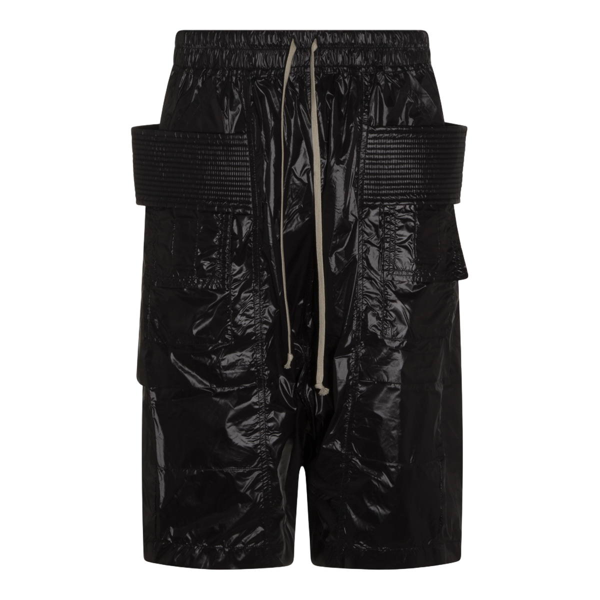 Glossy Black Shorts With Crinkled Texture