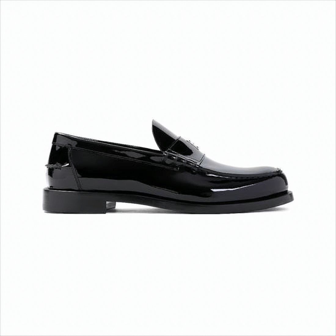 Glossy Black Moc Toe Loafers with Metallic Details