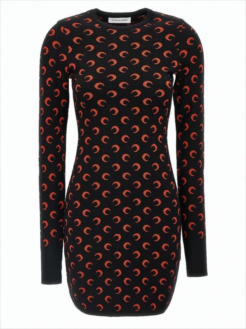 Fitted Black Mini Dress With Long Sleeves And Crescent Pattern