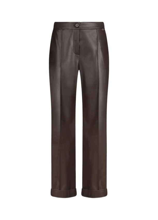 Coated Brown Wide-Leg Pants With Pressed Crease And Cuffed Hem