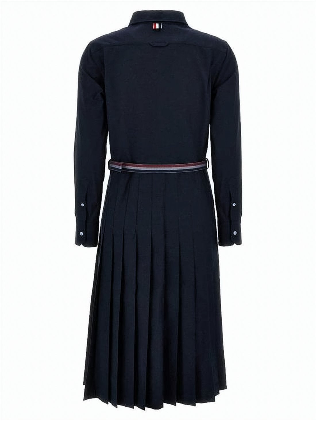 Pleated Midi Dress with Classic Collar and Waist Belt