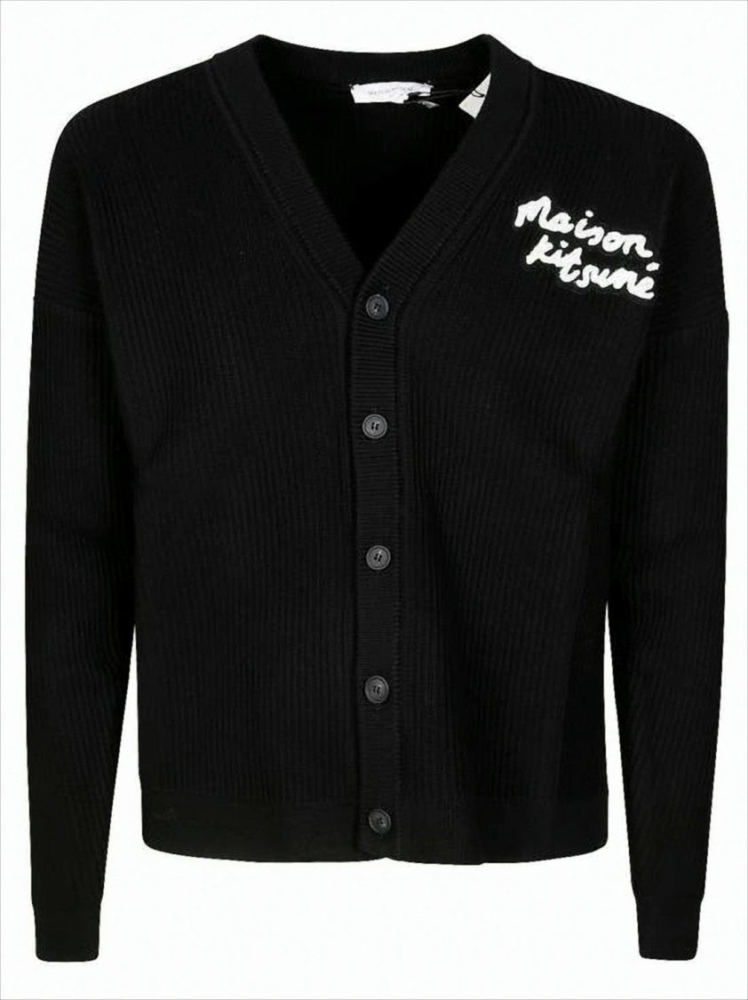 Cropped Black Ribbed Knit Cardigan With V-Neckline And Embroidered Detail