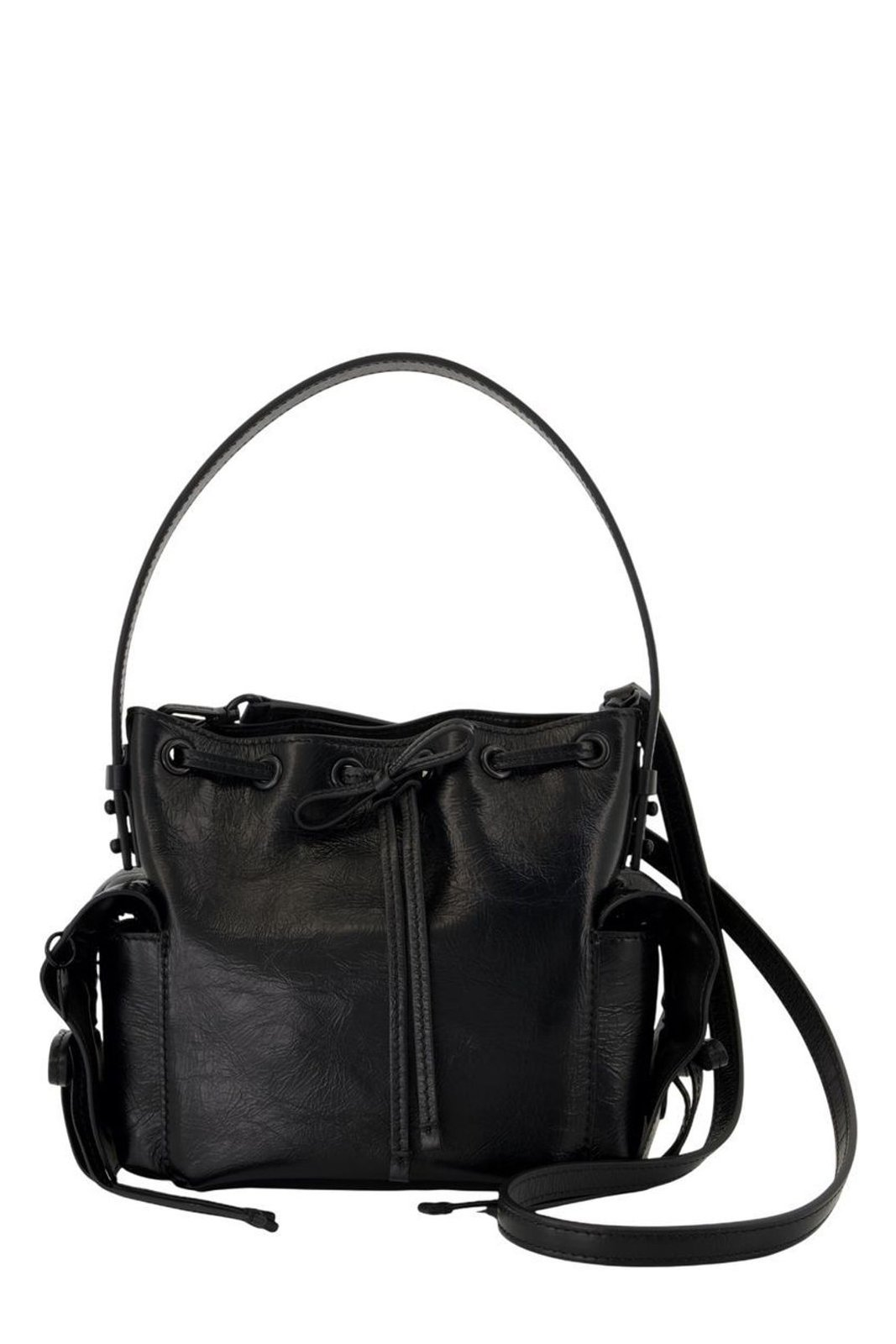 Gathered Drawstring Shoulder Bag in Glossy Calf Leather