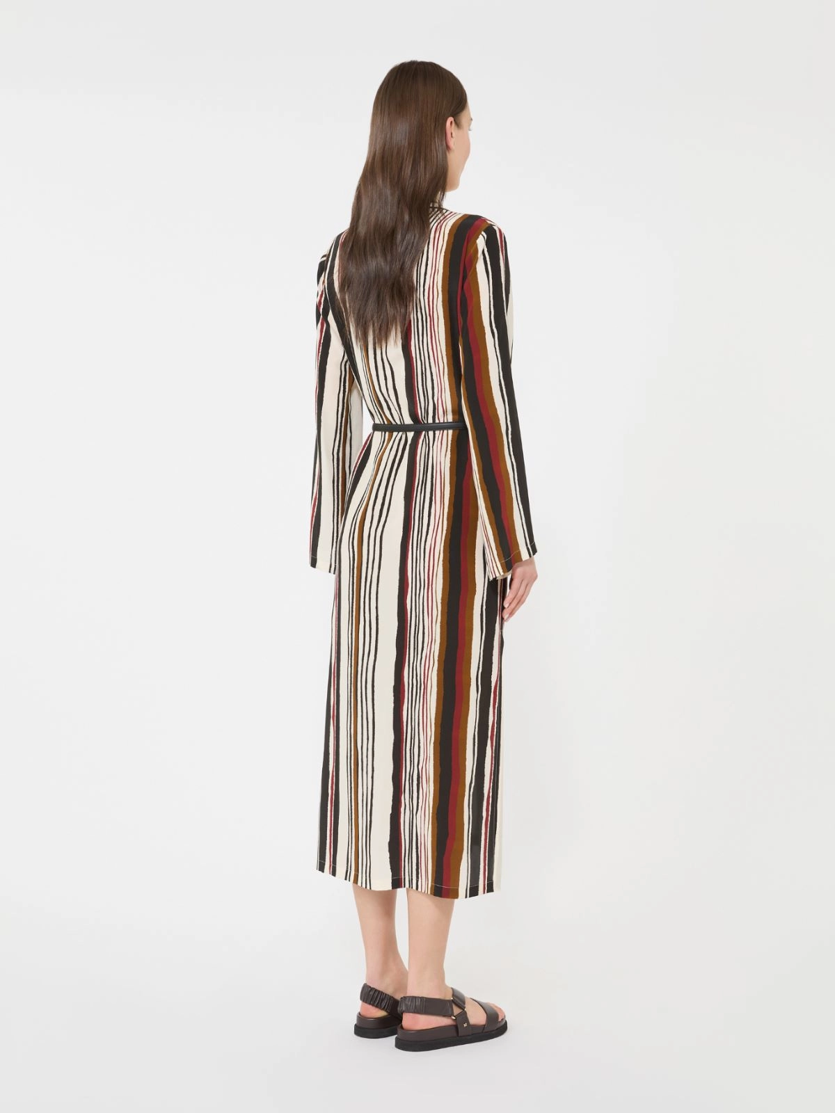 Vertical Striped Midi Dress with Collared Neckline