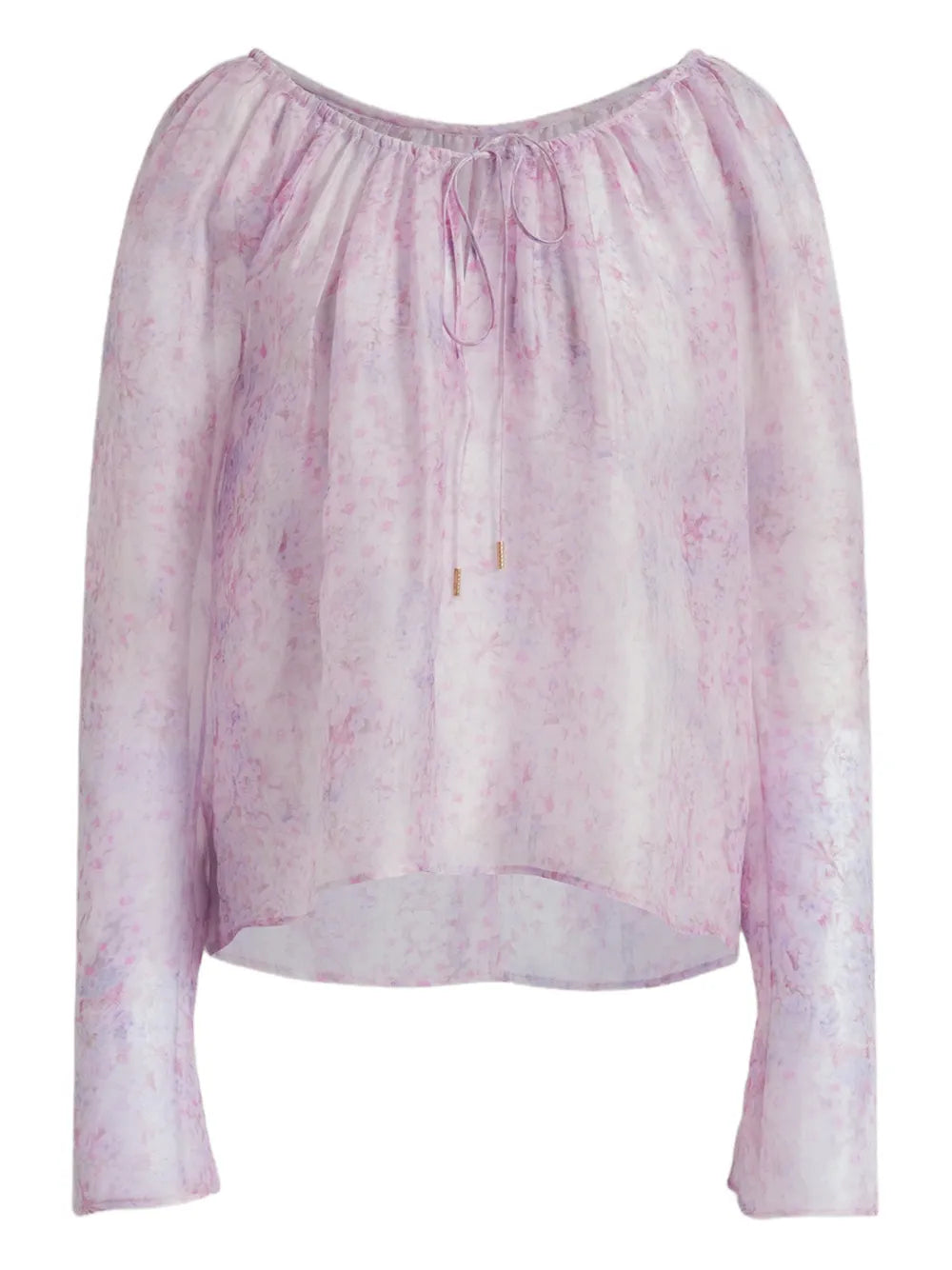 Pastel Floral Organza Blouse with Gathered Neckline