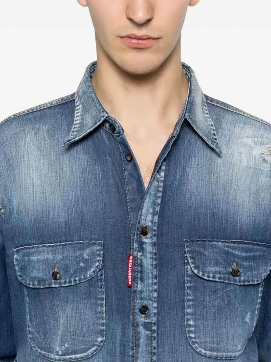 Blue Long-Sleeve Distressed Wash Denim Shirt