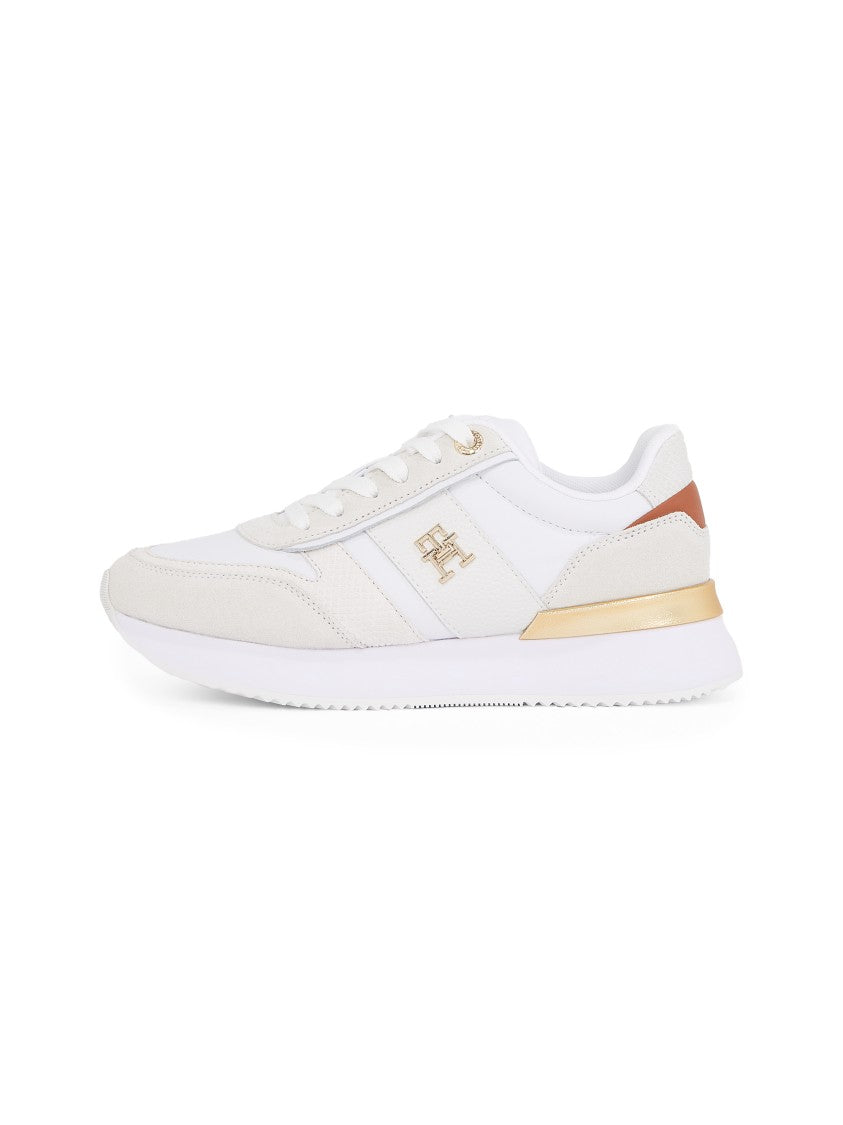 White Leather Sneakers With Suede Details And Gold Accents