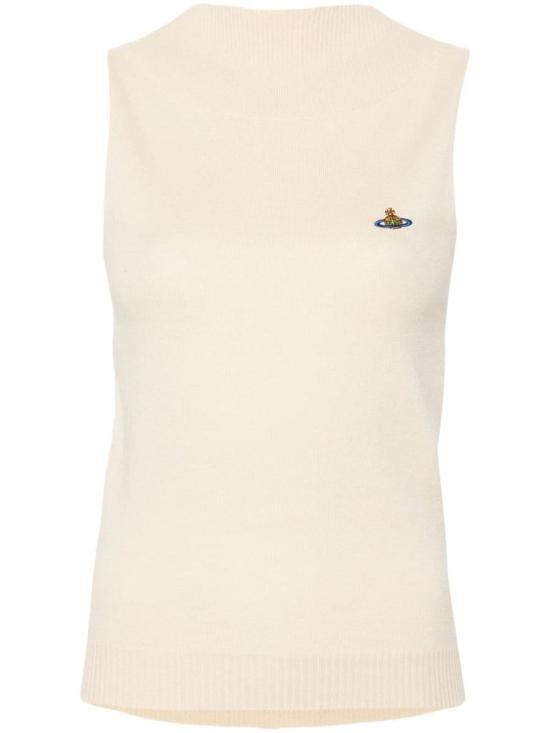Sleeveless Knit Top with Ribbed Hem and Emblem