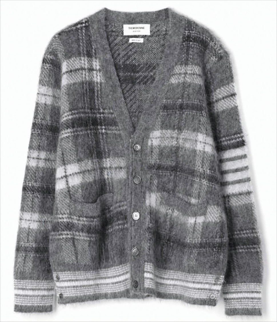 Plaid Textured Knit Cardigan with Contrasting Striped Details