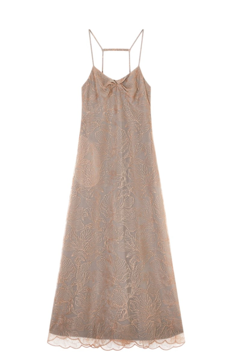 Long Embroidered Tulle V Neck Dress
