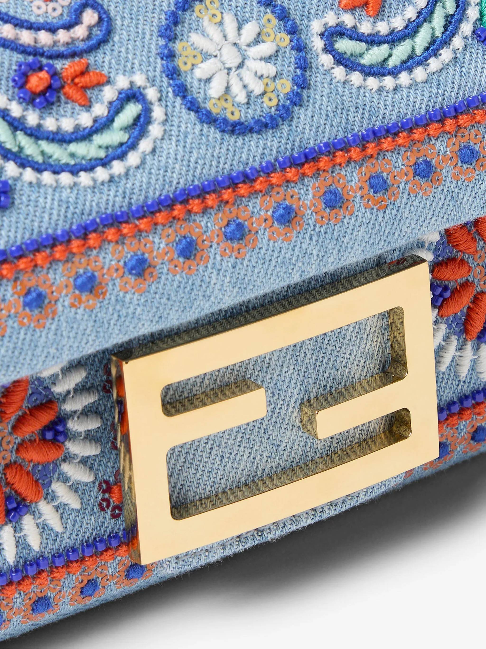 Rectangular Denim Mini Baguette with Floral Embroidery and Gold-tone Clasp