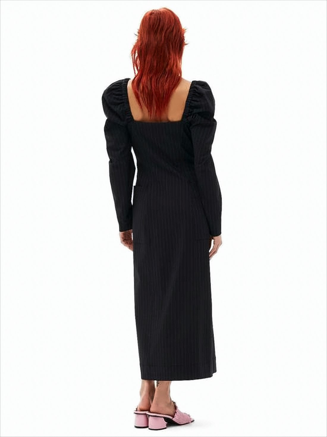 Square Neck Puffed Sleeve Midi Dress with Button-Down Front