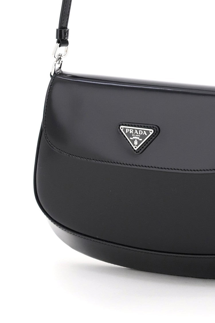 Curved Black Cow Leather Shoulder Bag with Triangular Logo Plaque
