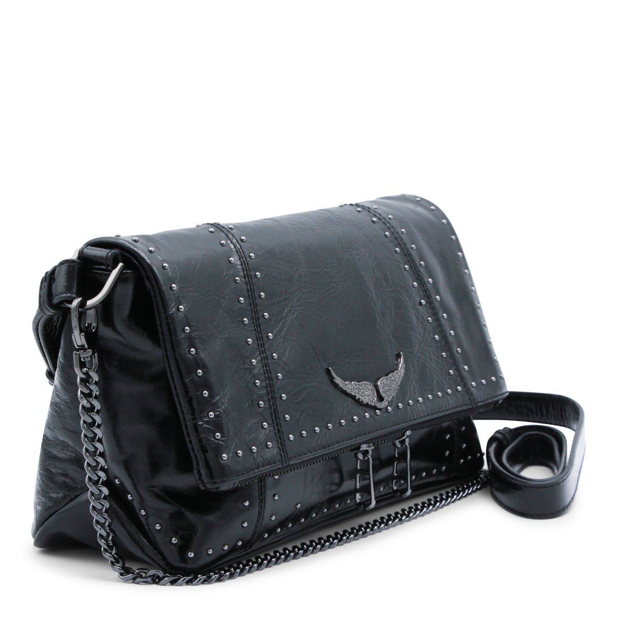 Black Leather Rock Ii Vintage Patent Studs Shoulder Bag