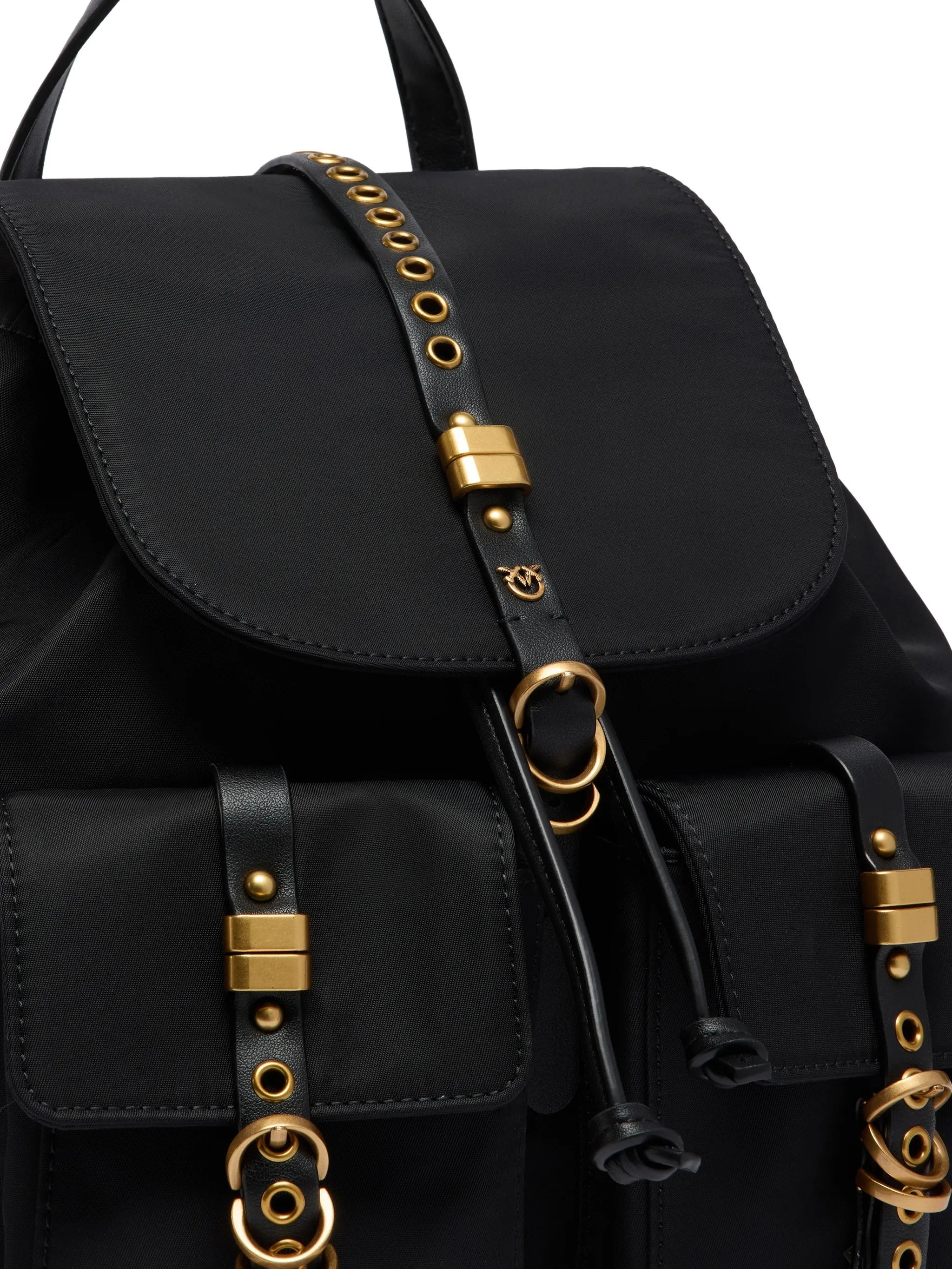 Black Backpack Decorative Flap Gold-Accent Backpack