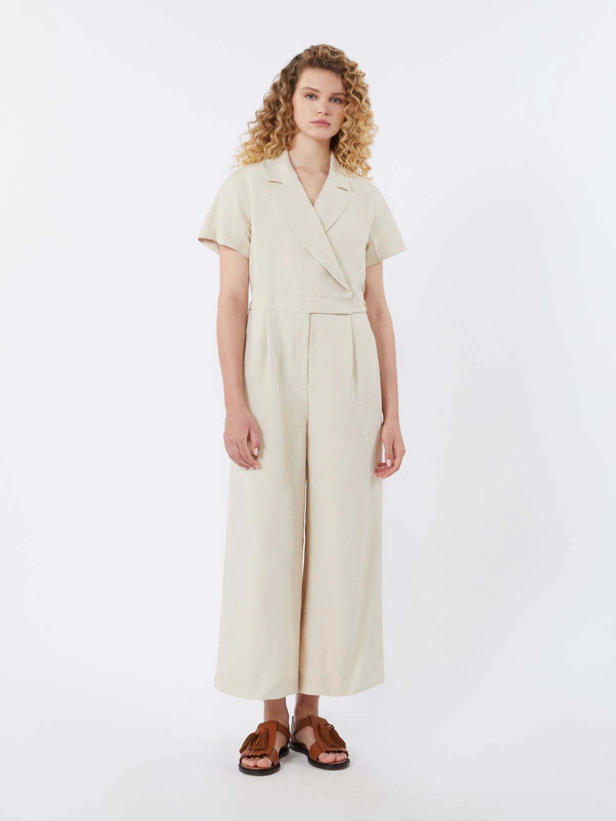 Short-Sleeved Jumpsuit with Wrap Front and Notched Lapel
