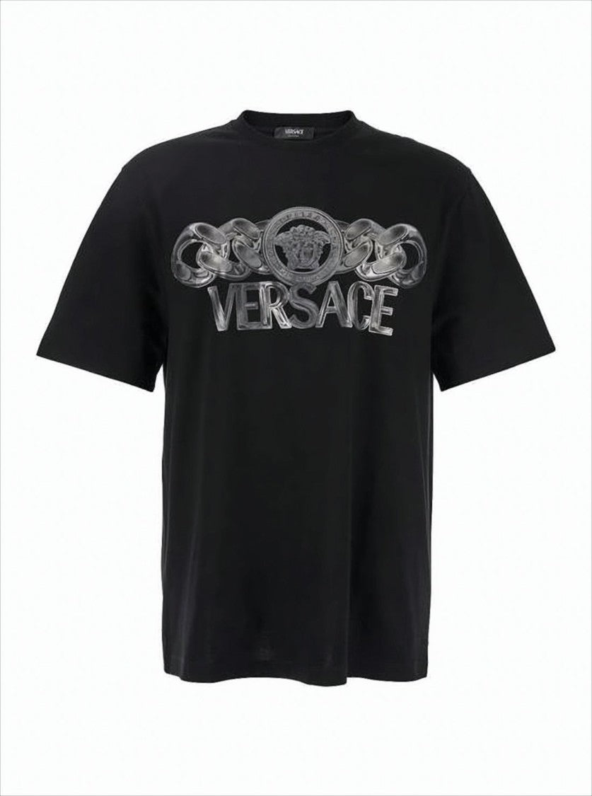 Short-Sleeved Black T-Shirt with Bold Silver Graphic