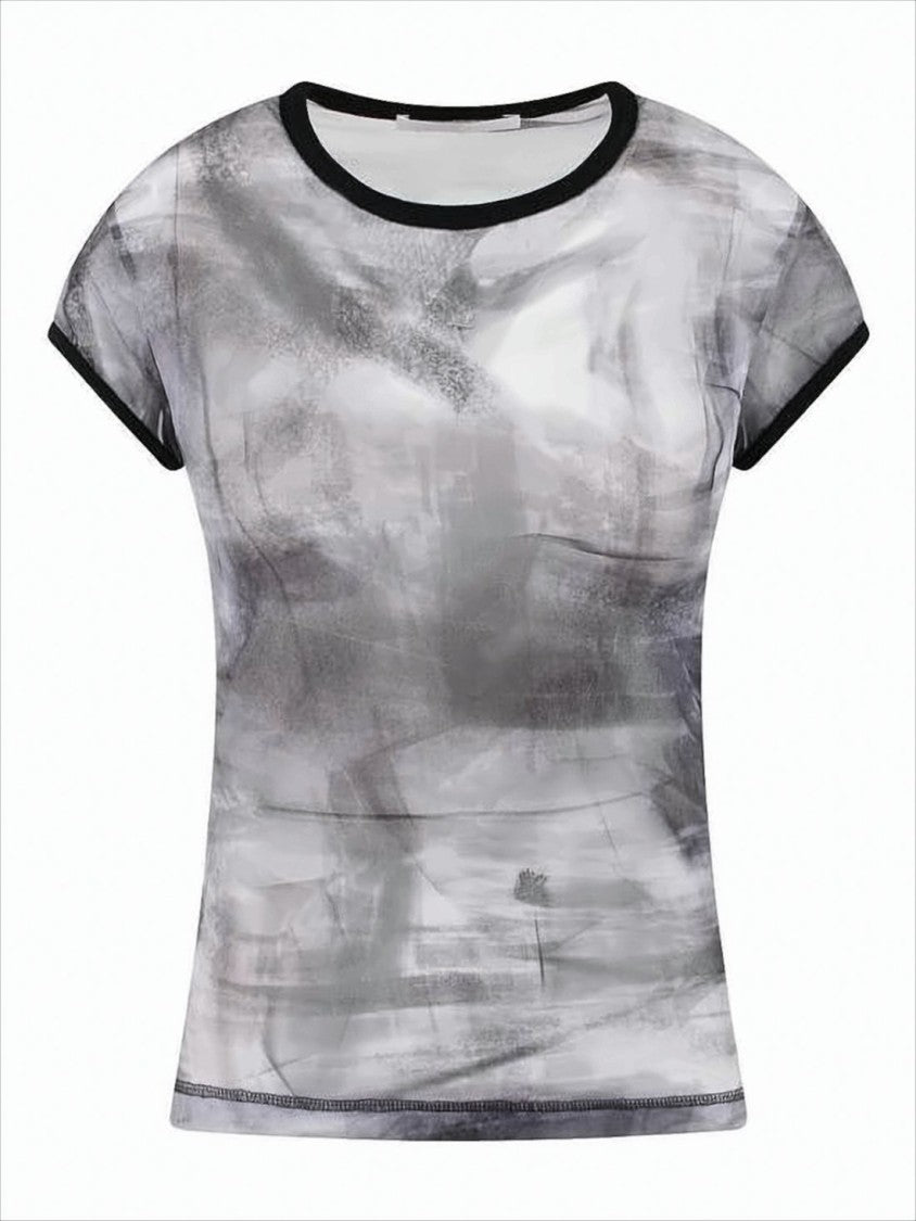 Semi-Sheer Short-Sleeved Top with Abstract Smoky Pattern