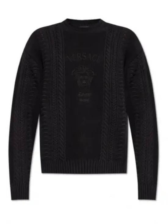 Intricate Cable Knit Black Sweater with Embossed Logo