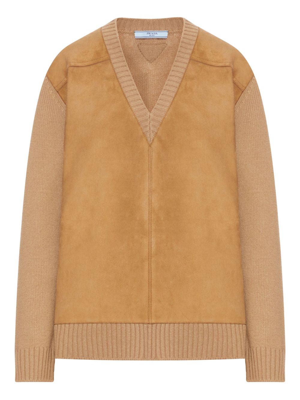 Sweter w serek z zamszowymi wstawkami i dzianinowymi akcentami