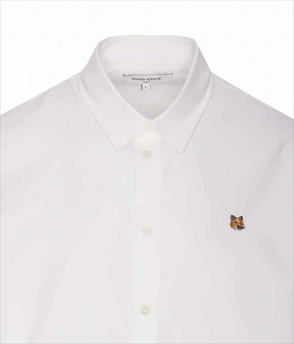 Long-Sleeve White Cotton Shirt With Embroidered Fox Detail