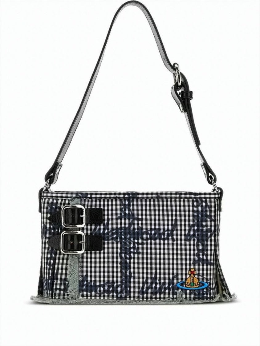 Gingham Pattern Shoulder Bag with Leather Accents
