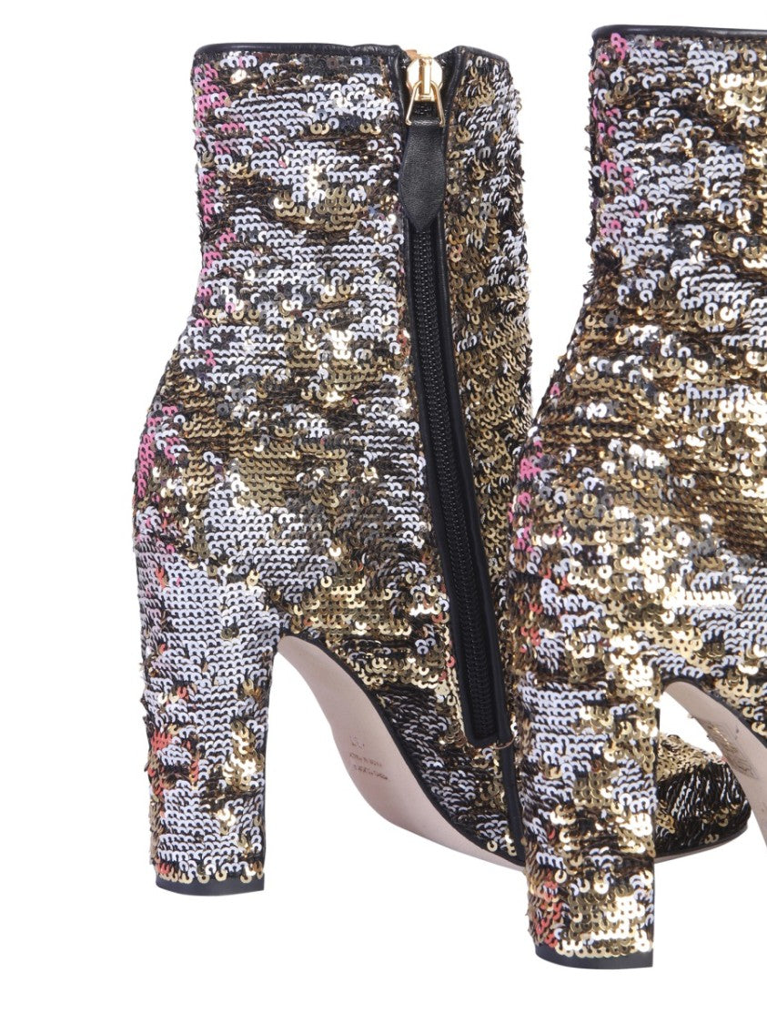 Pointed Toe Sequined Ankle Boots With High Block Heel