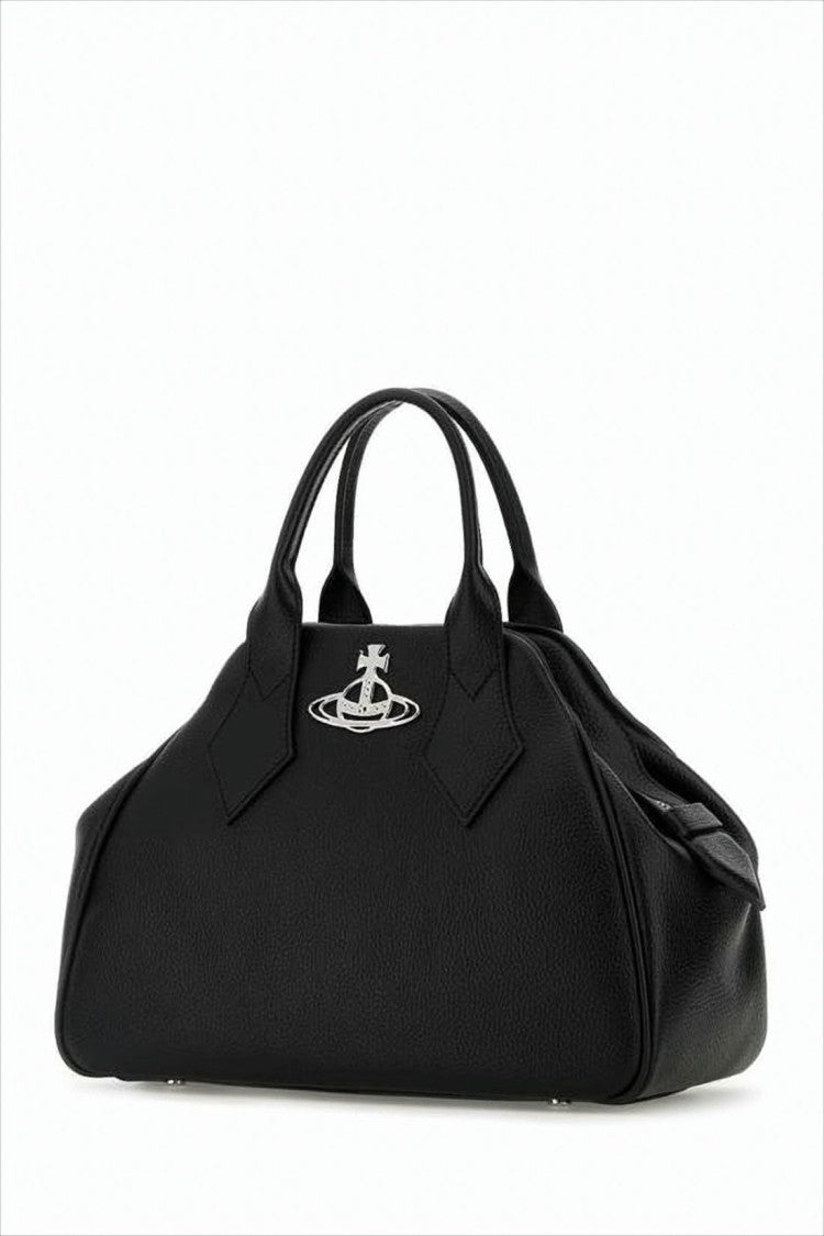 Textured Synthetic Leather Tote Bag with Metallic Emblem