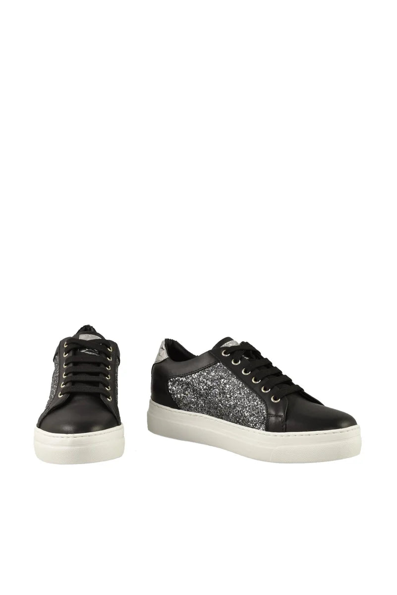 Leather/Polyurethane Sneakers - Black/Silver