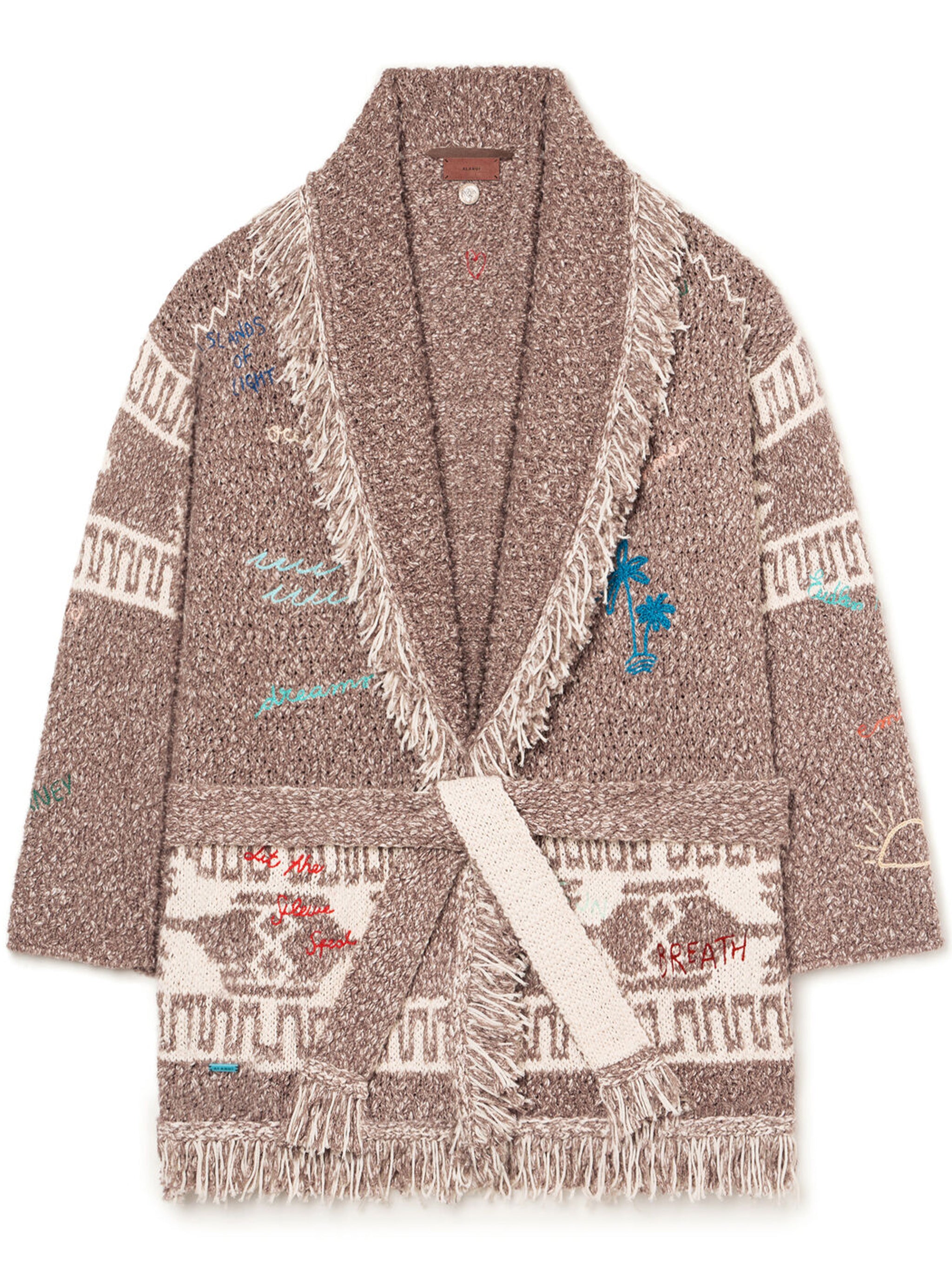 Textured Knit Cardigan with Shawl Collar and Artistic Embroidery