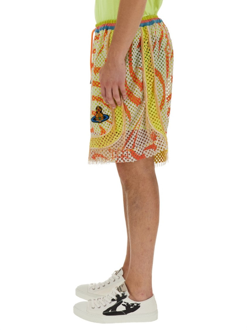 Print Mesh Shorts With Fringed Hem