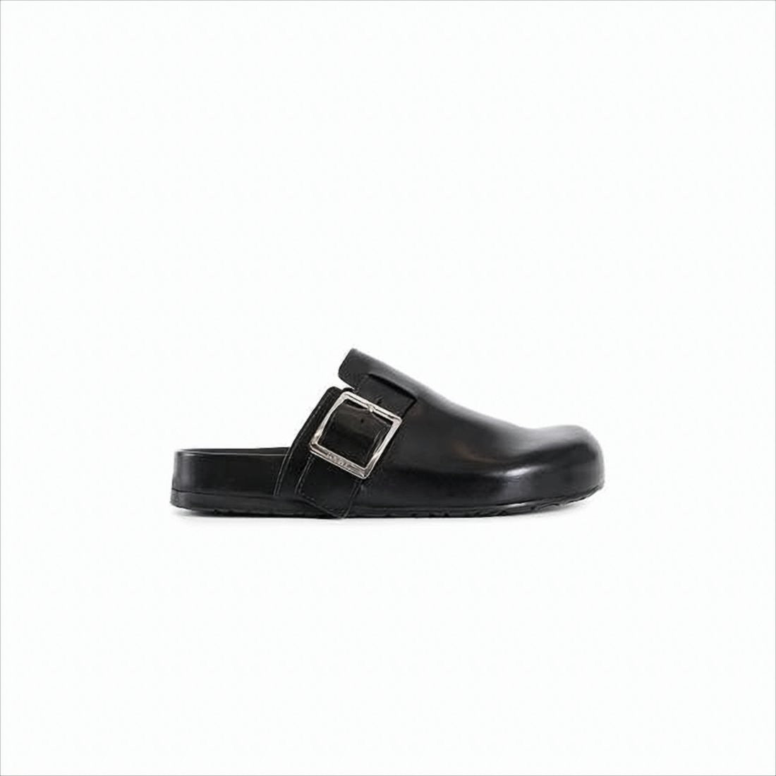 Black Calf Leather Mule with Silver Buckle Detail