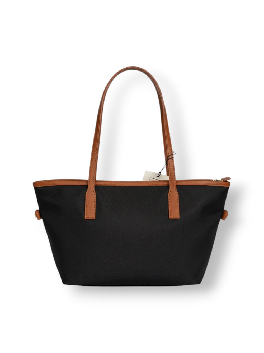 Rectangular Tote Bag With Contrasting Brown Handles And White Script Logo