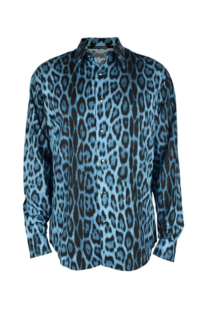 Electric Blue Jaguar Print Roberto Cavalli Shirt