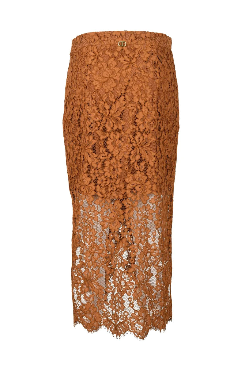 Midi Skirt Lace Viscose Cotton Polyamide - Brown